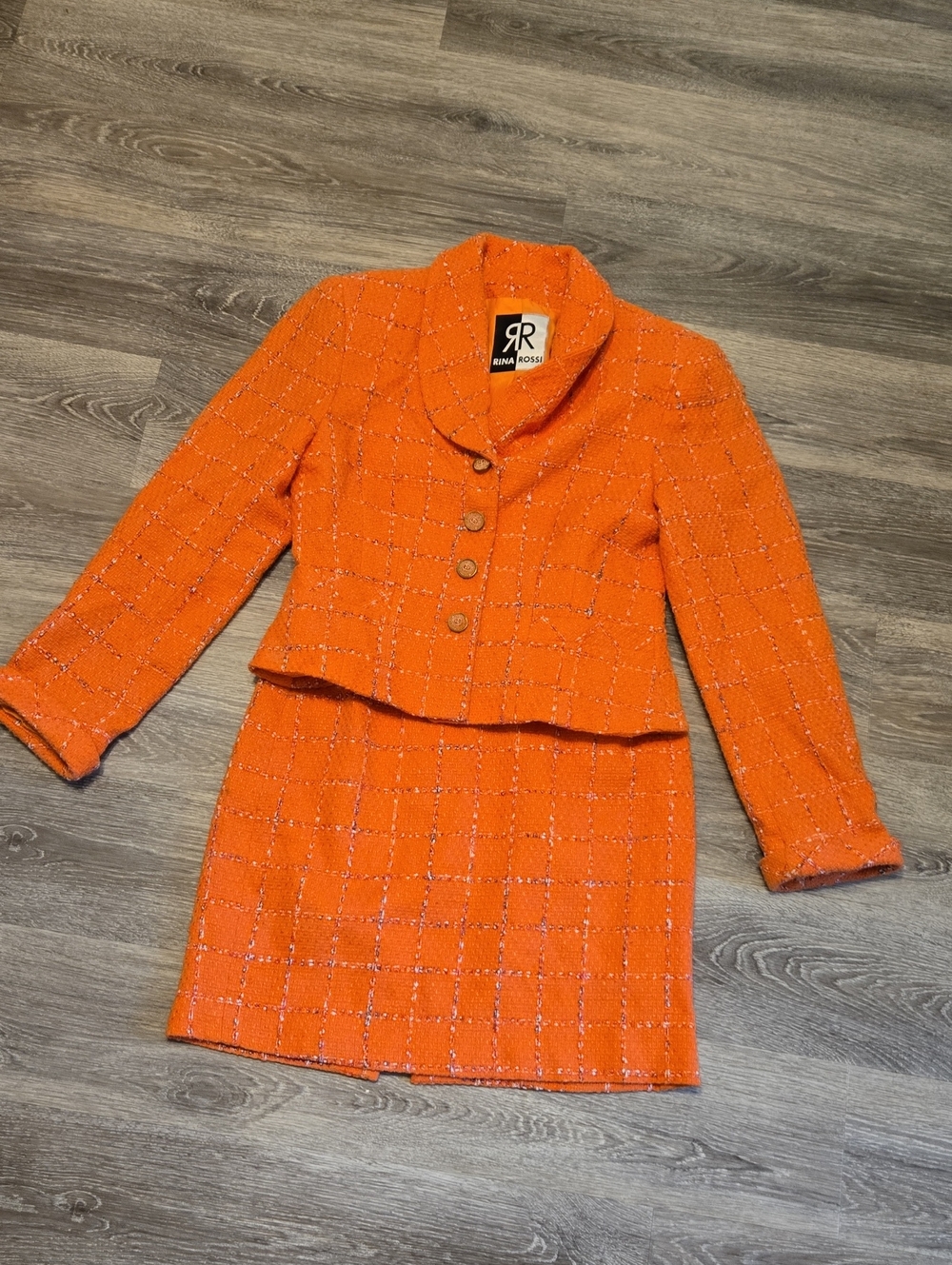 Vintage 90s Rina Rossi Orange Plaid Tweed Skirt Suit Sz 4